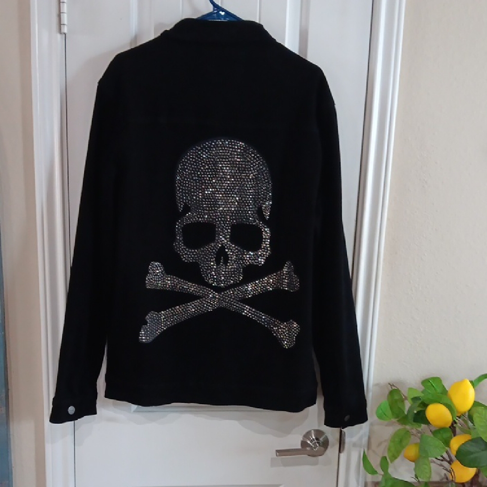 Saint Morta XL Black Denim Shirt Jacket Big Rhinestone Skull